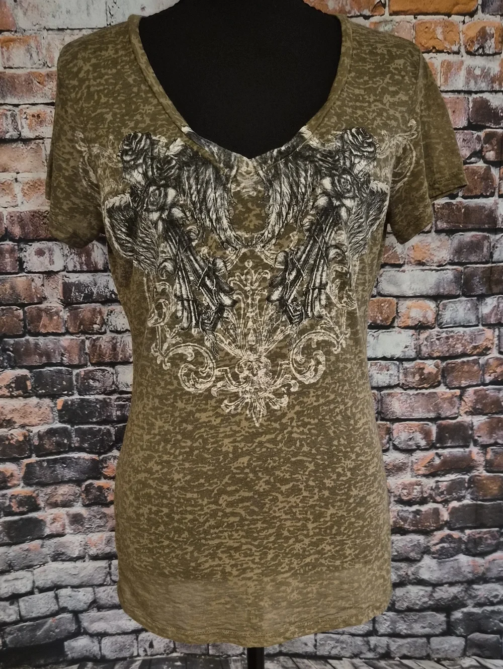 In Vein Women's Olive Short Sleeve V-Neck Tee with Ornate Front Graphic